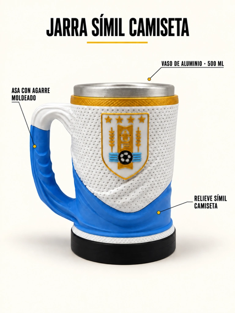 Jarra simil camiseta uruguay blanca con vaso de aluminio de 500 ml