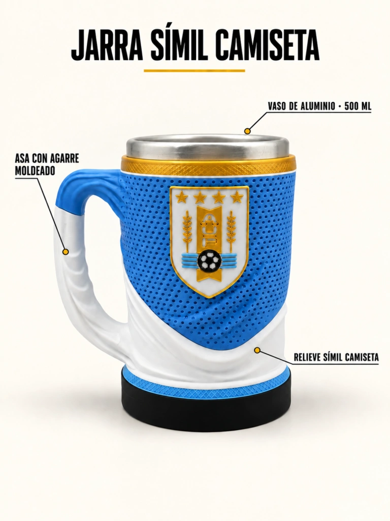 Jarra simil camiseta uruguay celeste con vaso de aluminio de 500 ml