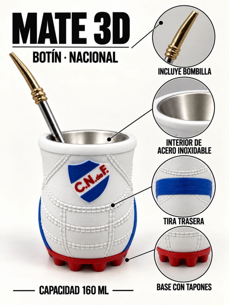 Mate botín Nacional blanco de 160 ml con cuatro acercamientos: bombilla incluida, interior de acero inoxidable, tira trasera y base con tapones.