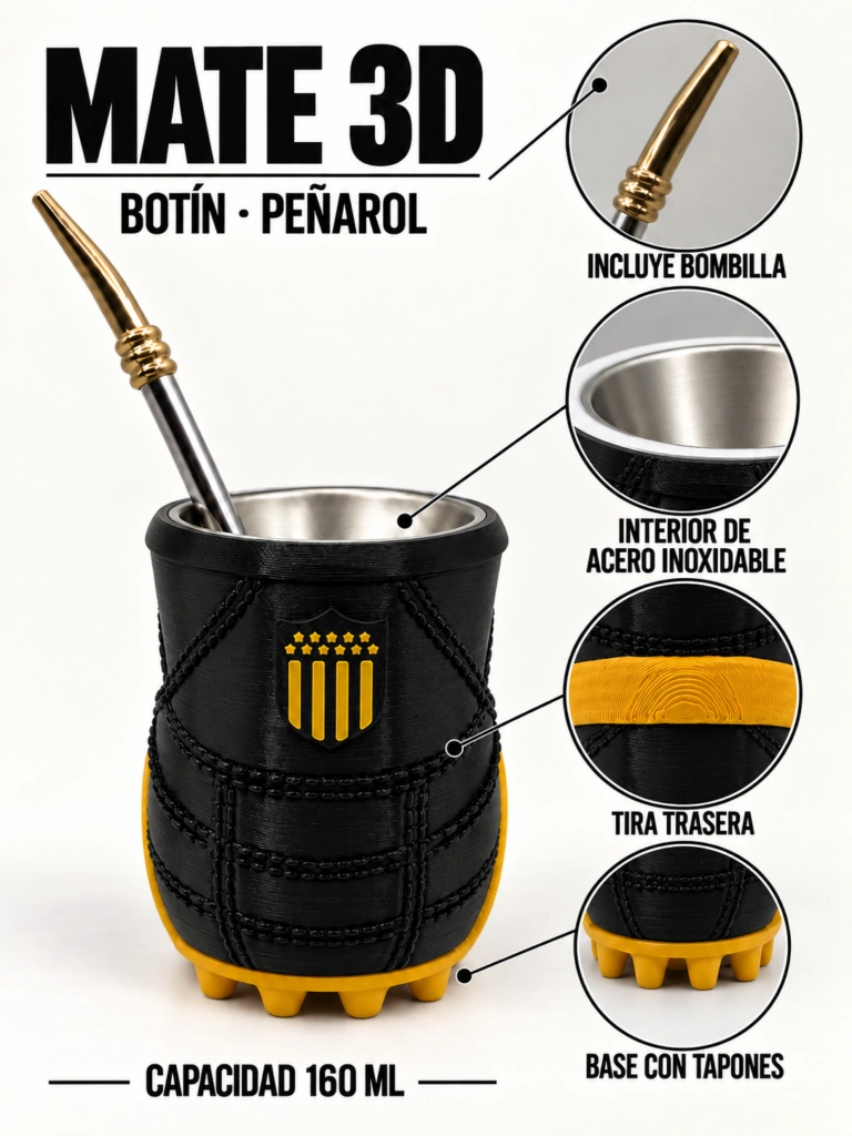 Mate botín Peñarol negro y amarillo de 160 ml con cuatro acercamientos: bombilla incluida, interior de acero inoxidable, tira trasera y base con tapones.