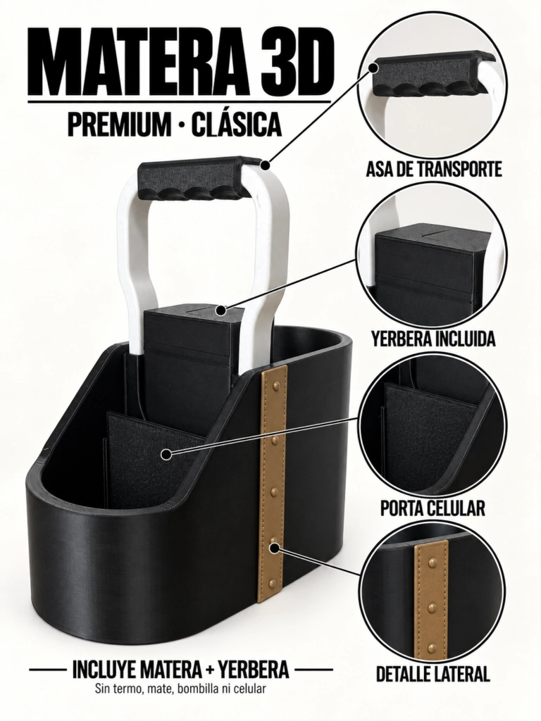 Matera Premium 3D clásica negra con yerbera incluida, asa y porta celular. Sin termo, mate, bombilla ni celular.