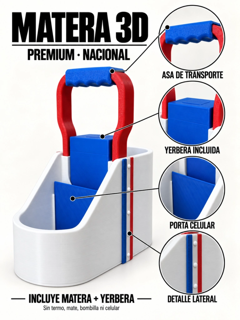 Matera Premium 3D Nacional blanca con yerbera incluida, asa y porta celular. Sin termo, mate, bombilla ni celular.