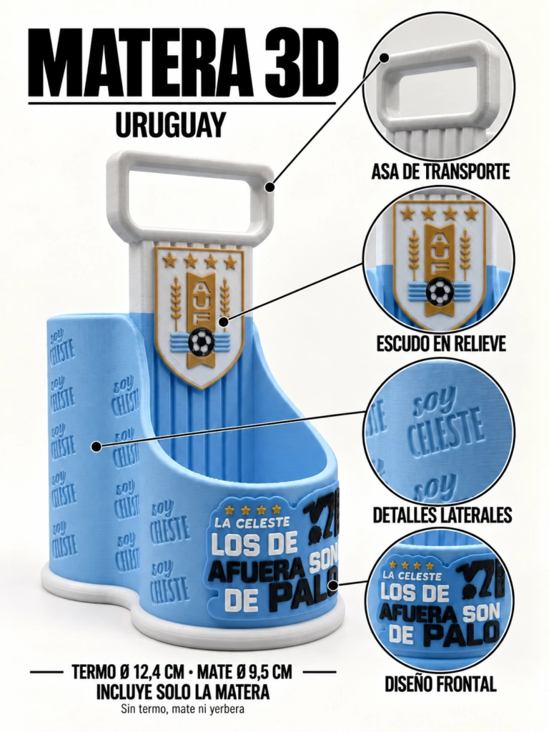 Matera 3D Uruguay celeste con asa, escudo y detalles en relieve. Espacios: termo 12,4 cm y mate 9,5 cm; incluye solo matera.