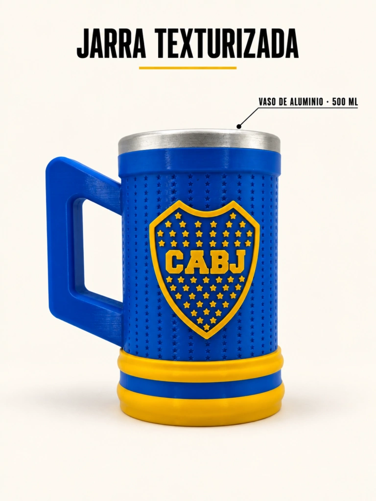 Jarra texturizada Boca Juniors azul con vaso de aluminio de 500 ml