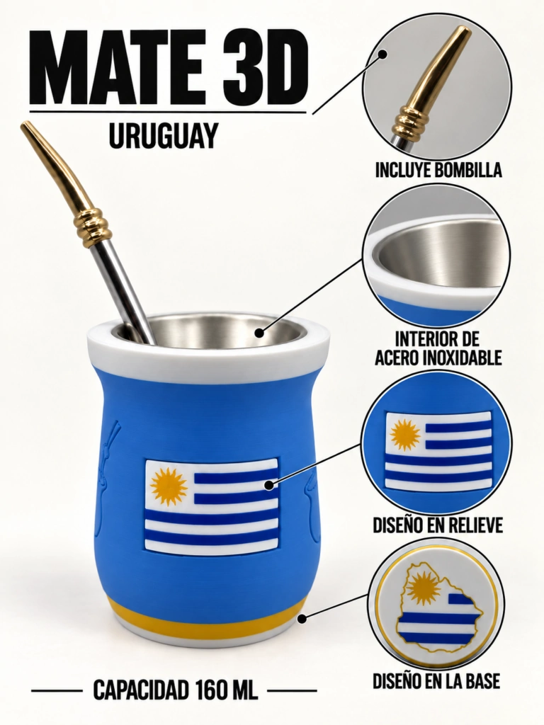 Mate Uruguay de 160 ml: bombilla incluida, interior de acero inoxidable y acercamientos del diseño en relieve y de la base.