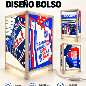 Lámpara LED Diseño Bolso de Nacional, cuatro imágenes en una lámpara, cable de 1,5 m con interruptor y medidas de 19 cm de alto por 13 cm de ancho.