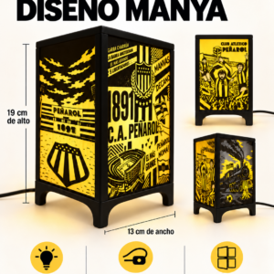 Lámpara LED de Peñarol Diseño Manya, con cuatro imágenes y base negra con patas arqueadas